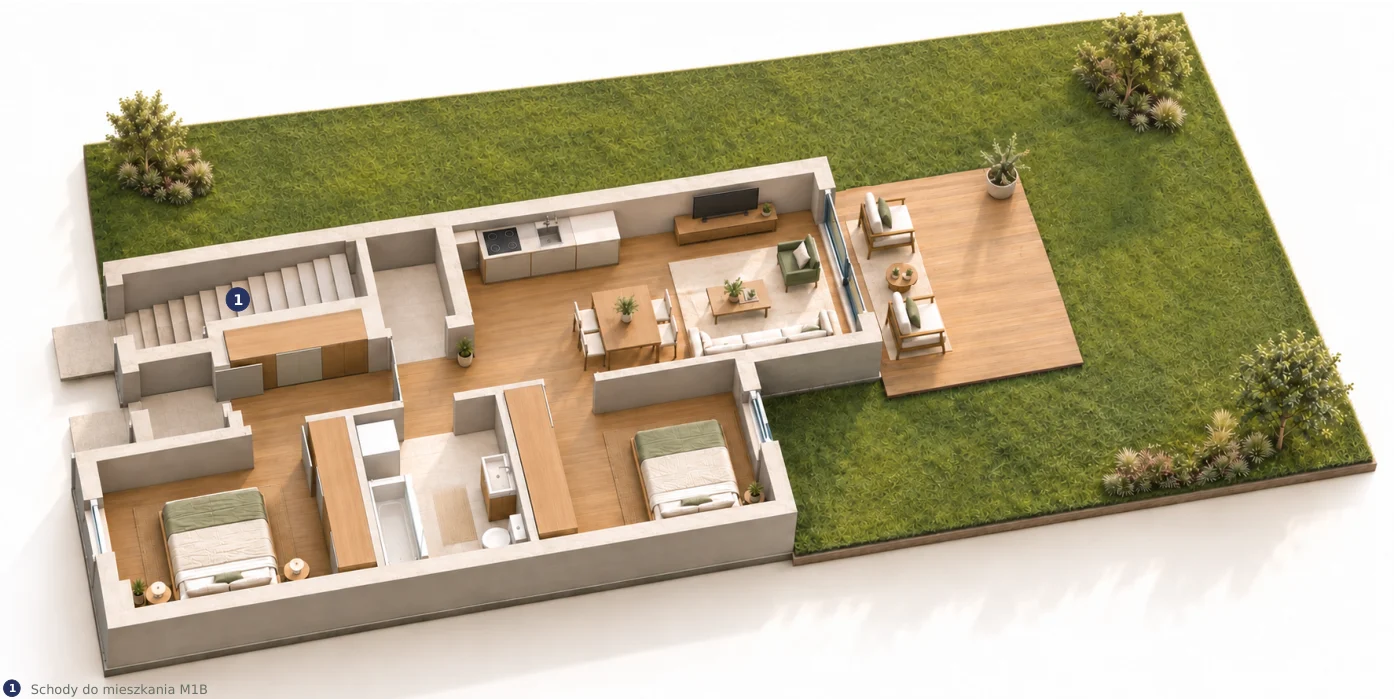 Przykładowa aranżacja apartamentu M1A z ogrodem
