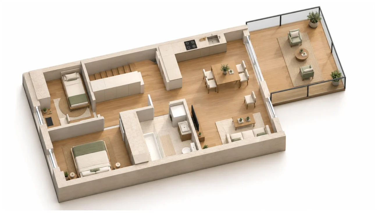 Przykładowa aranżacja apartamentu M1B z tarasem